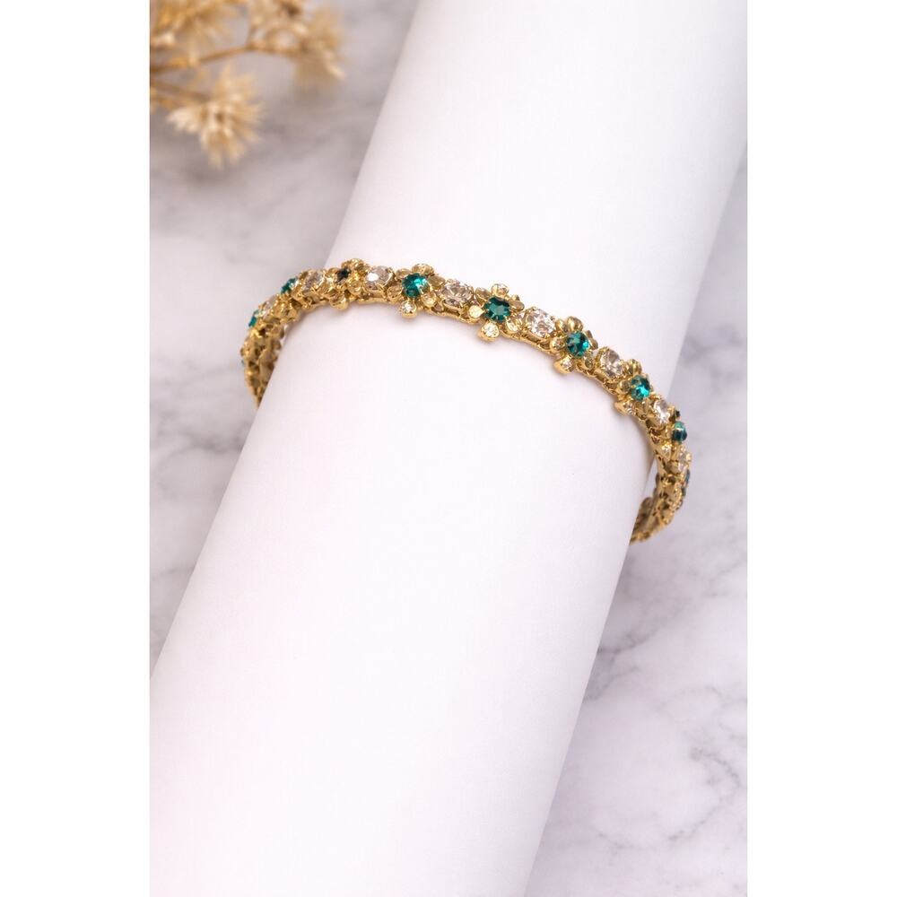 Vintage Avon Floral Tennis Bracelet | Teal + Clear Rhinestones